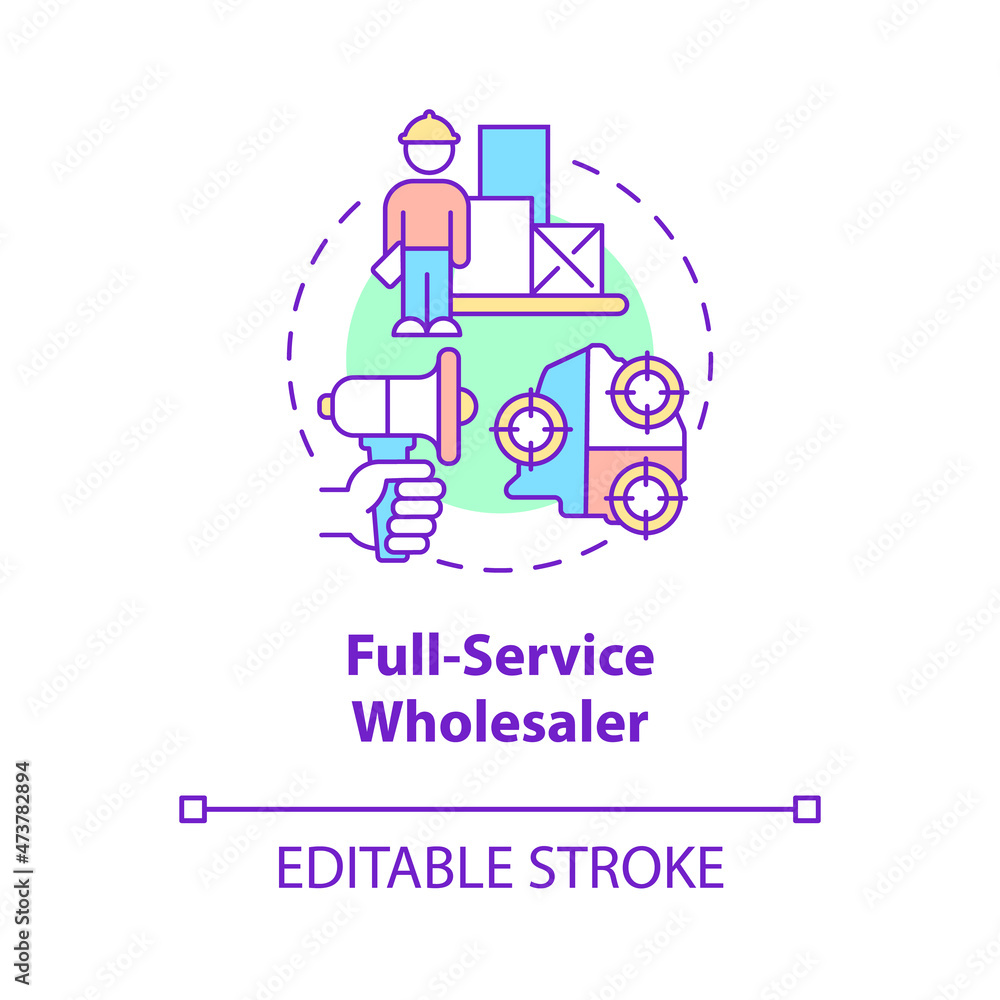 Full-service wholesaler concept icon. Customer service organization. Distribution and logistics company abstract idea thin line illustration. Vector isolated outline color drawing. Editable stroke Full-service wholesaler concept icon. Customer service organization. Distribution and logistics company abstract idea thin line illustration. Vector isolated outline color drawing. Editable stroke