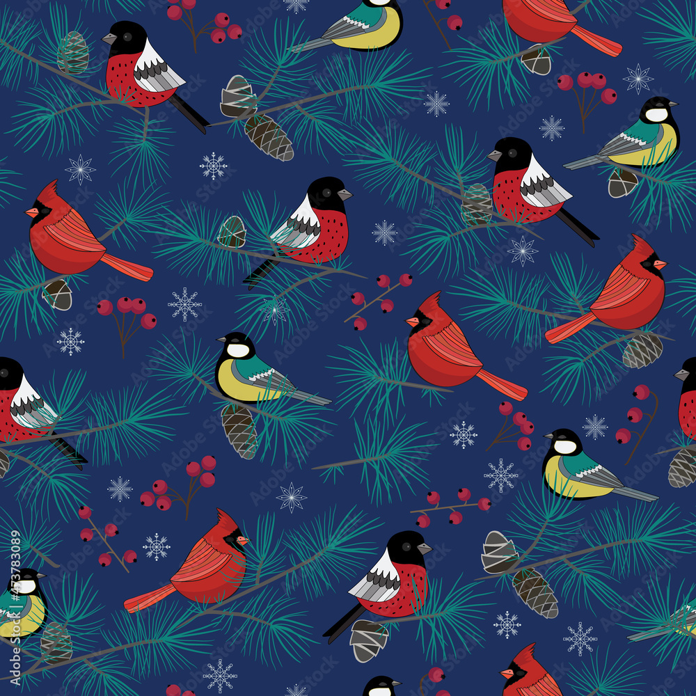 Obraz premium Vector winter forest seamless pattern print background. Perfect for textile, book covers, wallpapers, design, graphic art, printing, hobby, invitation, scrapbooking. Hand drawn.