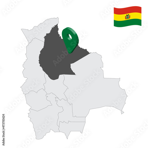 Location  Beni Department  on map Bolivia. 3d location sign similar to the flag of Beni. Quality map  with Departments of  Bolivia for your design. EPS10