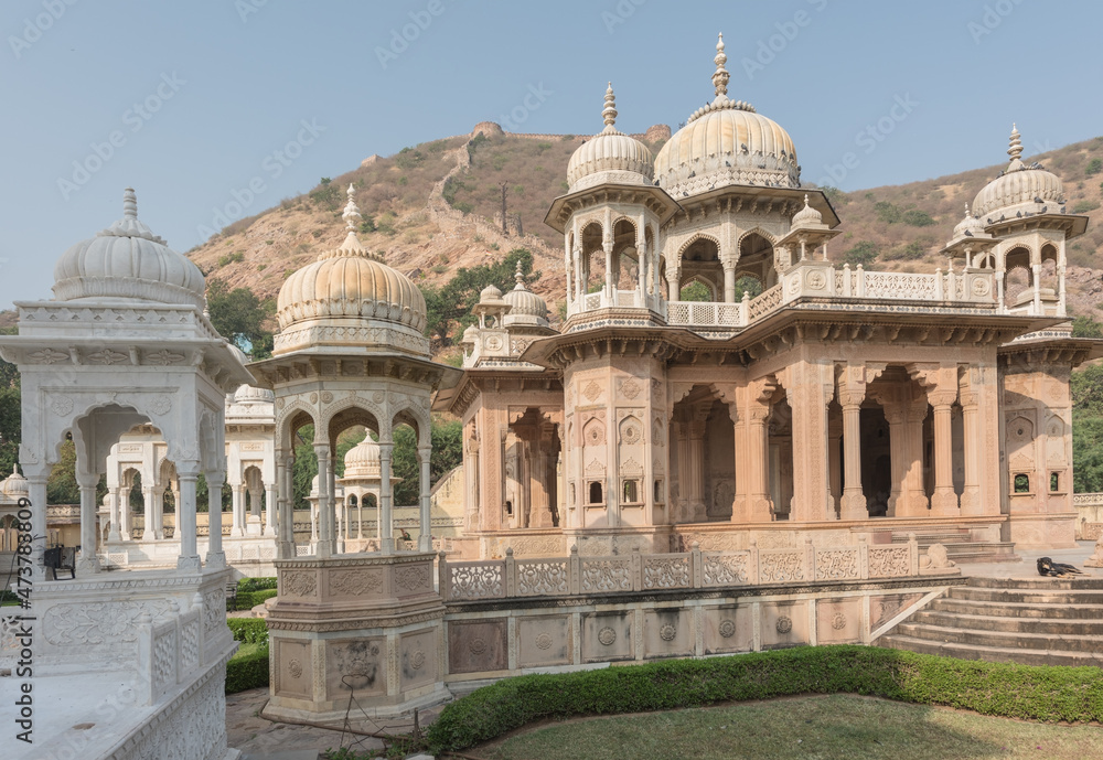 India Rajasthan Jaipur Gaitor Cenotaph erected at the place of cremation of Maharajas. Chhatri of Gaitor, tomb of the royal family.