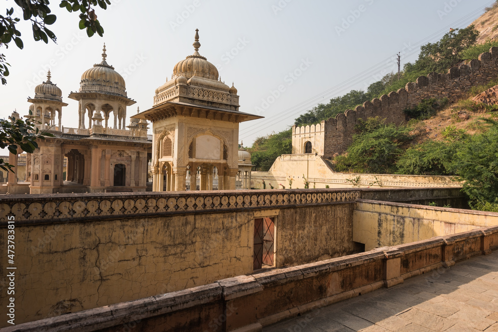 India Rajasthan Jaipur Gaitor Cenotaph erected at the place of cremation of Maharajas. Chhatri of Gaitor, tomb of the royal family.