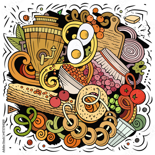 Russian food hand drawn vector doodles illustration. Russia cuisine poster
