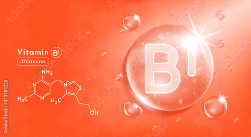 Drop water vitamin B1 orange and structure. Vitamin complex with Chemical formula from nature. Beauty treatment nutrition skin care design. Medical and scientific concepts. 3D Realistic Vector EPS10.