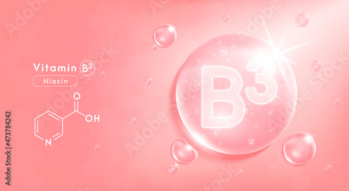 Drop water vitamin B3 pink and structure. Vitamin complex with Chemical formula from nature. Beauty treatment nutrition skin care design. Medical and scientific concepts. 3D Realistic Vector EPS10.