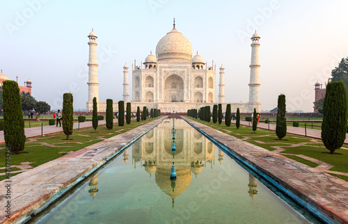 Taj Mahal at sunrise UNESCO World Heritage Site Agra Uttar Pradesh India Asia. Crown of the Palace is an ivory-white marble mausoleum