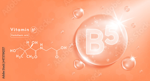 Drop water vitamin B5 orange and structure. Vitamin complex with Chemical formula from nature. Beauty treatment nutrition skin care design. Medical and scientific concepts. 3D Realistic Vector EPS10.