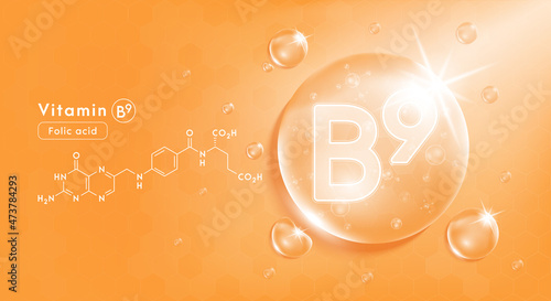 Drop water vitamin B9 orange and structure. Vitamin complex with Chemical formula from nature. Beauty treatment nutrition skin care design. Medical and scientific concepts. 3D Realistic Vector EPS10.