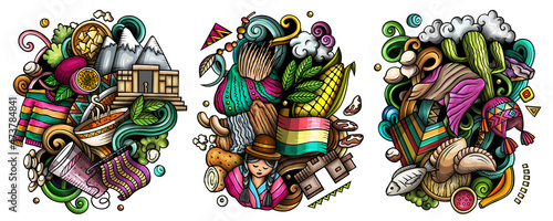 Bolivia cartoon vector doodle designs set.