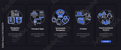 Passenger transport digitalization onboarding mobile app page screen. Service walkthrough 5 steps graphic instructions with concepts. UI, UX, GUI vector template with linear night mode illustrations