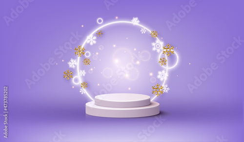 Rendering with podium and minimal stage scene, product abstract background with snowflakes and white neon decorations. 3D Web Vector Illustrations.
