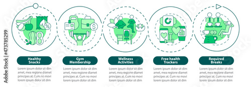 Employee wellbeing perks infographic template. Wellness activities. Data visualization with 5 steps. Process timeline info chart. Workflow layout with line icons. Myriad Pro-Bold, Regular fonts used