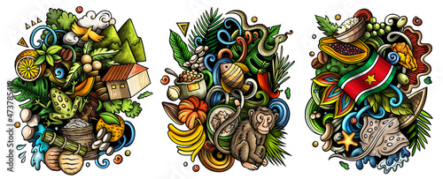 Suriname cartoon vector doodle designs set.