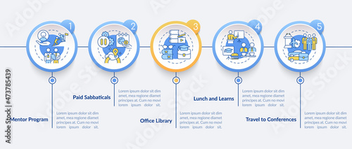 Staff learning bonuses infographic template. Paid sabbaticals. Data visualization with 5 steps. Process timeline info chart. Workflow layout with line icons. Lato-Bold, Regular fonts used