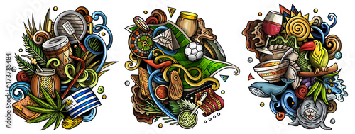 Uruguay cartoon vector doodle designs set.