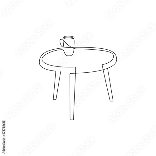 Continuous line drawing of cup of coffee on table. Linear silhouette furniture for home interior decorations of hygge style. Doodle Vector illustration.
