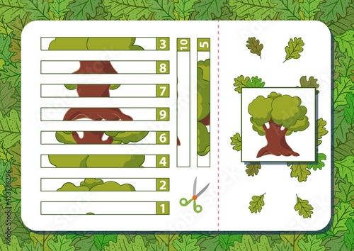 Printable A4 page puzzle game with oak tree. Numbers from 1 to 10. Cut and play. Vector illustration