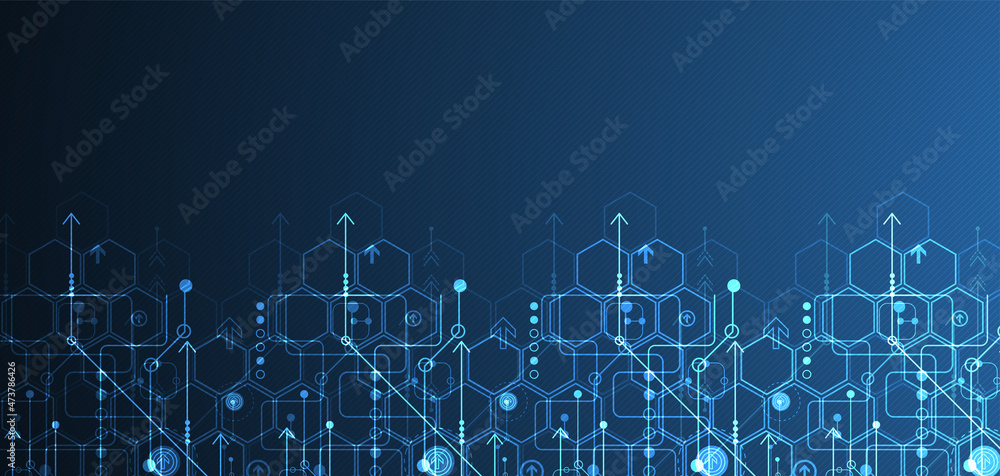 Abstract circuit board and hexagons on dark blue color background. Hi-tech digital technology concept. Abstract circuit board and hexagons on dark blue color background. Hi-tech digital technology concept.