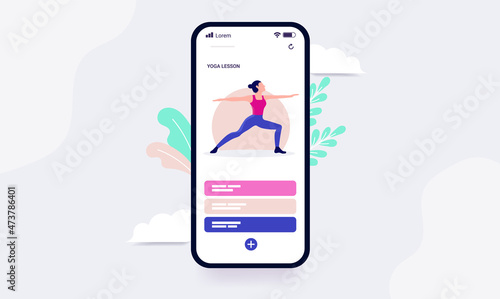 Yoga app on smartphone - Phone screen with training application and courses. Vector illustration
