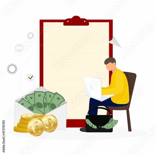 rich business man with a stack of money. The concept of productive work and Financial Success. Vector illustration