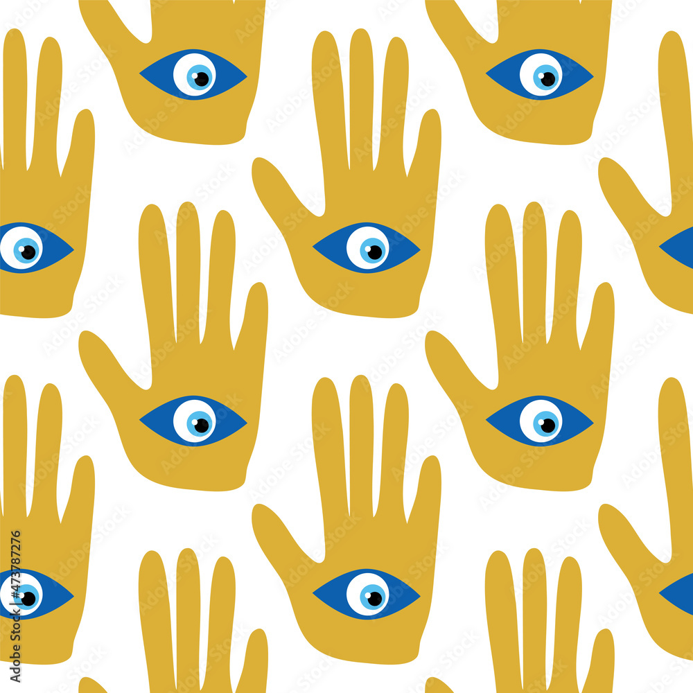 Fototapeta premium doodle seamless pattern Hamsa eye, magical eye, decor element. Pink, green, golden eyes. Fabric textile