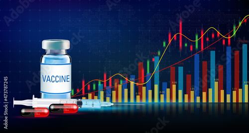 Vaccine syringe medication of antiviral capsule for COVID-19 coronavirus or Omicron on graph of stock market background. Medical and business concepts. 3D Vector.