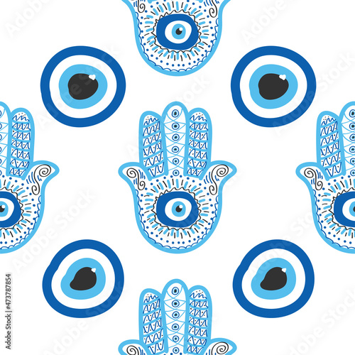 Evil eye seamless pattern. Magic, witchcraft, occult symbol, line art collection. Hamsa eye, magical eye, decor element.