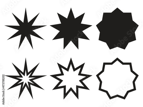 Star shapes collection. Silhouetes and outline nine pointed stars. Simple design elements set. Vector illustration isolated on white.
