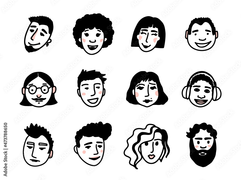 Cartoon face set. People doodle icon collection, avatars for social ...