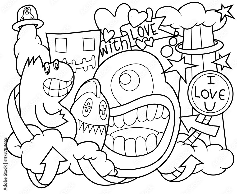 Cute monsters are Valentine's Day for fun. illustration, cute hand drawn coloring book doodles.