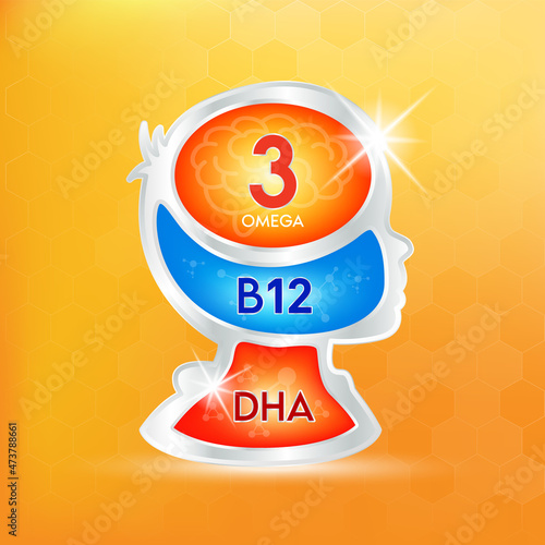 Fish oil omega 3 nutrients DHA and vitamin B12. Design logo products for kids food and Hand drawn infographic poster in kid shape. Benefits of food improving heart, eyes, bones health. Vector.