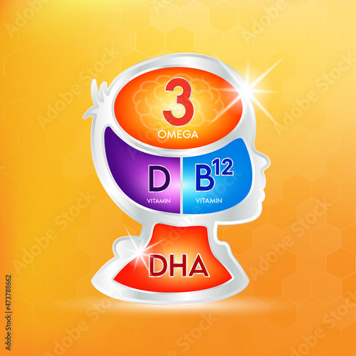 Fish oil omega 3 nutrients DHA and vitamin D, B12. Design logo products for kids food and Hand drawn infographic poster in kid shape. Benefits of food improving heart, eyes, bones health. Vector.