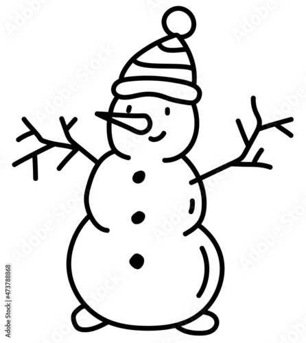 Hand drawn cartoon illustration of outline smiling snowman with hat. Cute childish Christmas doodle character. Flat vector winter sticker, icon or print. Isolated on white background.