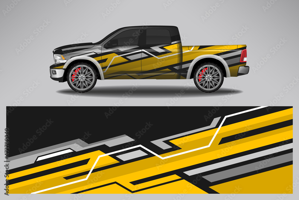 Car wrap design race livery vehicle vector. Graphic stripe racing background kit designs for vehicle, race car, rally, adventure and livery