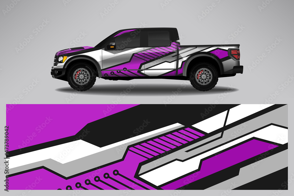 Car wrap design race livery vehicle vector. Graphic stripe racing background kit designs for vehicle, race car, rally, adventure and livery