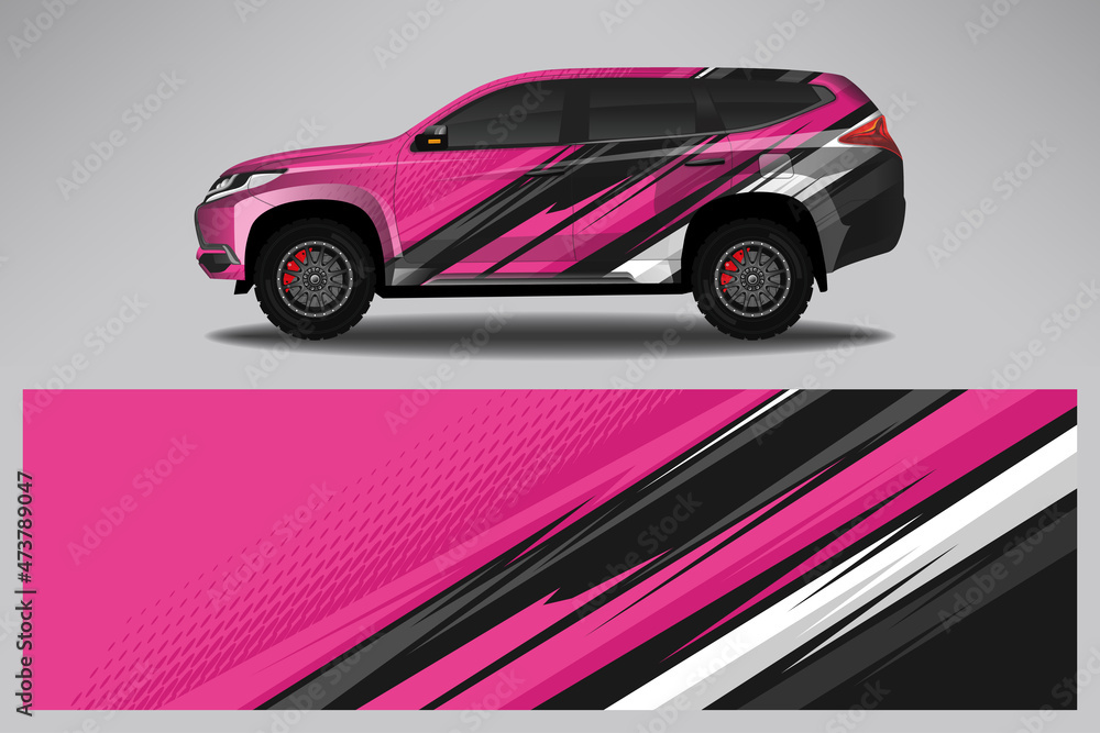 Car wrap design race livery vehicle vector. Graphic stripe racing background kit designs for vehicle, race car, rally, adventure and livery Car wrap design race livery vehicle vector. Graphic stripe racing background kit designs for vehicle, race car, rally, adventure and livery