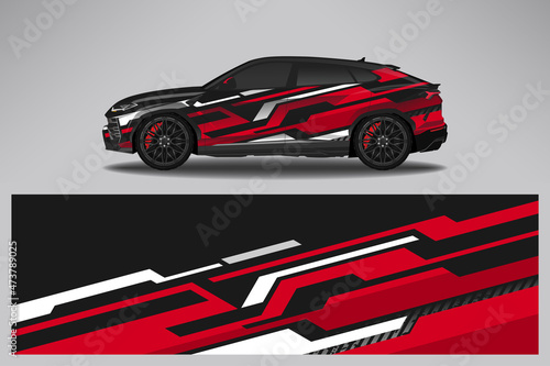 Car wrap design race livery vehicle vector. Graphic stripe racing background kit designs for vehicle  race car  rally  adventure and livery
