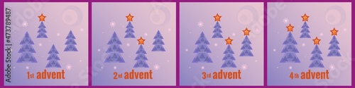 Winter forest, four trees, with glowing stars, snowflakes, the moon. Every Sunday of Advent. Vector illustration in  flat style. Countdown of Christmas, for social networks, banners.