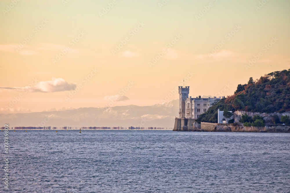 Miramare castle on Trieste coastline sunset view