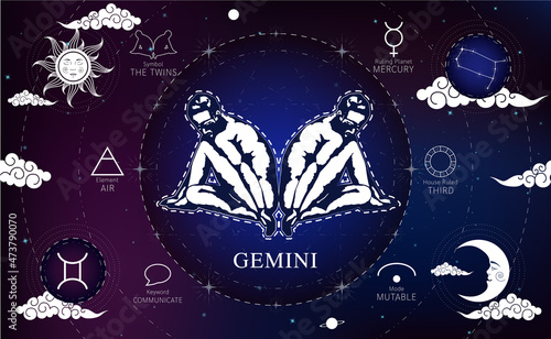 Witchcraft card astrology for Gemini zodiac sign and zodiac constellations. Modern magic, divination, crescent moon and sun on a blue background esoteric. Vector EPS10 illustration.