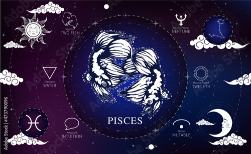 Witchcraft card astrology for Pisces zodiac sign and zodiac constellations. Modern magic, divination, crescent moon and sun on a blue background esoteric. Vector EPS10 illustration.