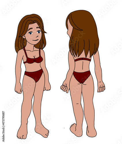 Brown-haired anime girl with red bikini, front and back . Vector illustration isolated with white background.