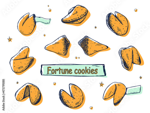 Chinese fortune cookies vector hand drawn set isolated on white backgrounds. Colorful food illustration. Crisp cookie with a blank piece of paper inside. For print, web, design, decor, logo.