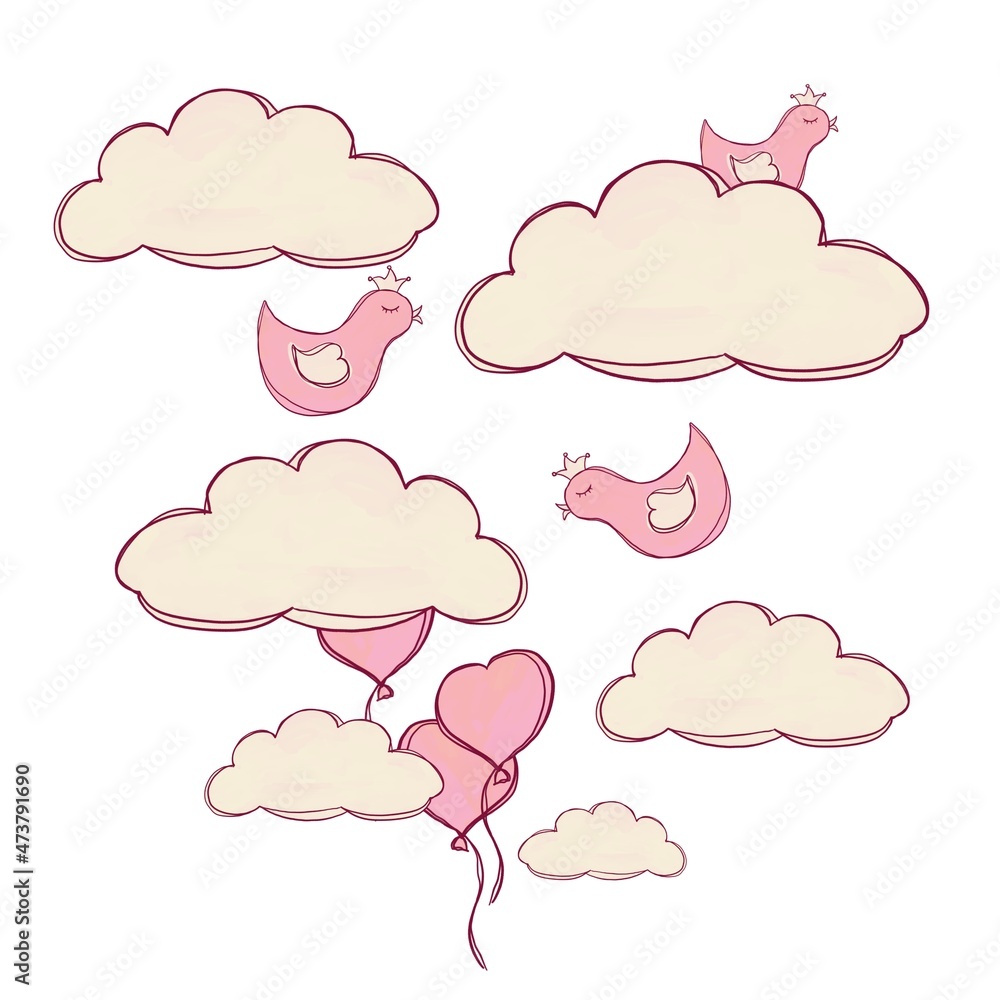 Cute drawing of clouds, birds and balloons on a white background