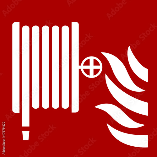 Red icon sign board for fire extinguisher. Fire, hose symbol or label.