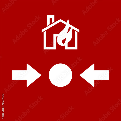 Red icon sign board for fire extinguisher. Fire, house symbol or label.