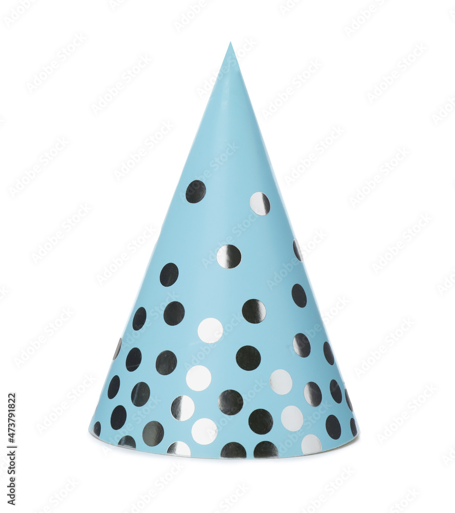 Bright party hat isolated on white. Festive accessory