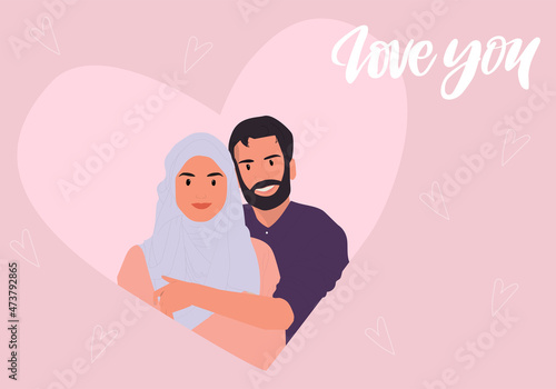 Valentine's day card with muslim couple couple falling in love