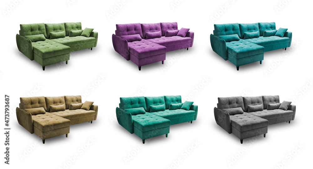 Six modern scandinavian sofas of different pastel colors isolated over white background