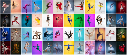 Photo set made of portraits of female and male ballet dancers dancing isolated on multicolored background in neon light.