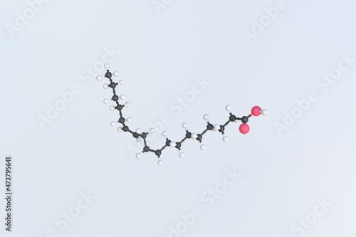 Linoleic acid molecule made with balls, isolated molecular model. 3D rendering